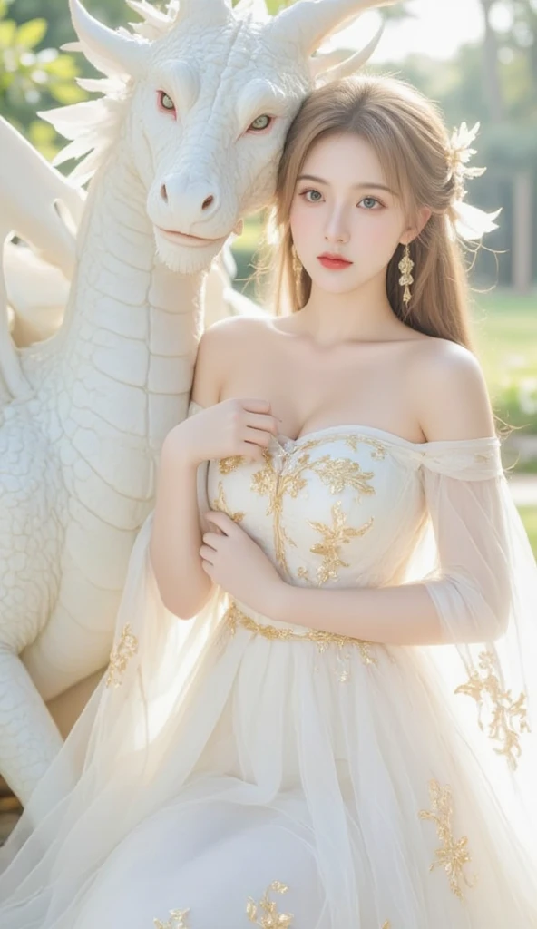 masutepiece、Masterpiece、ultra-definition、accurate depiction、extremely high detail、8K picture quality、one girls、(18 year old pretty woman、18year old)、small head、Cute face、a blond、half up、Blue eyes、perfect glossy skin、((tre anatomically correct))、Perfect body:1.1、high-level image quality、masterpiece、Look at viewers、(White princess dress、Golden floral embroidery)、sexypose、the royal palace、Enveloping her presence with delicate particles、Soft light、divine atmosphere、Photoreal Stick