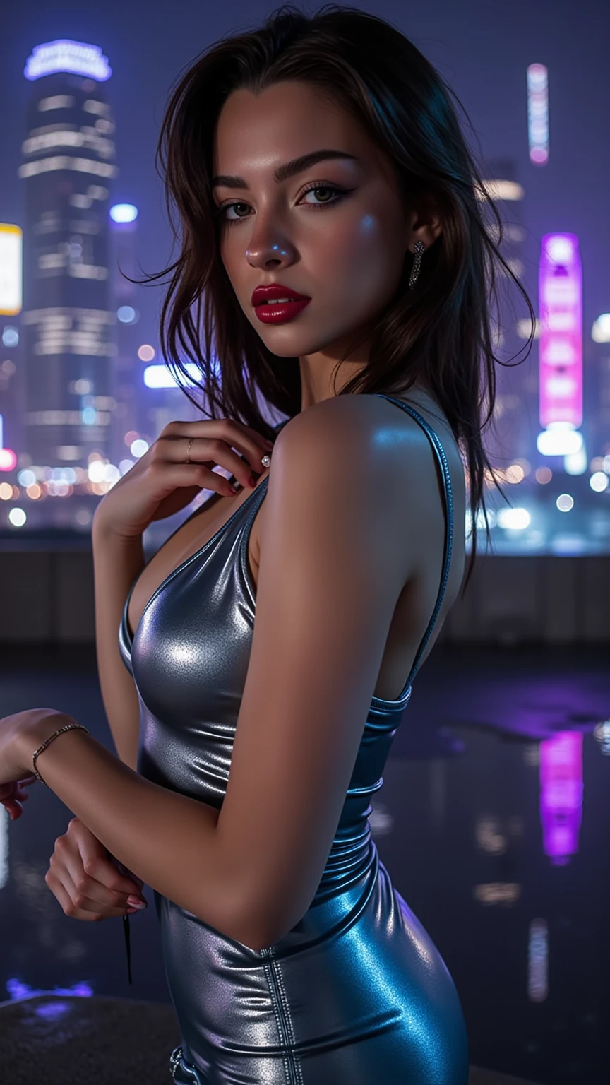 (masterpiece, best quality:1.3)
OverwatchPharah, 1 ultra hot girl, solo, sensual seductive look , sexy seductive confident look , damp, cleavage , off shoulder showing breasts , eye of horus, long layered messy hair, cityscape, at night, on top of a skyscraper, half-opened short transparant sexy dress, tight Minimalist sexy dress