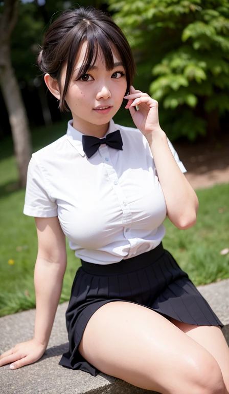 nsfw,(8K, Raw photo, highest quality, masterpiece:1.2), (realistic, photo-realistic:1.37), Super detailed, 1 girl,cute, alone,beautiful detailed sky,Detailed cafe,night,sitting,date,(blush your nose),(smile:1.1),(closed mouth), medium breasts,detailed and beautiful eyes,(collared shirt:1.1), bow tie,pleated skirt,(short hair:1.2),floating hair