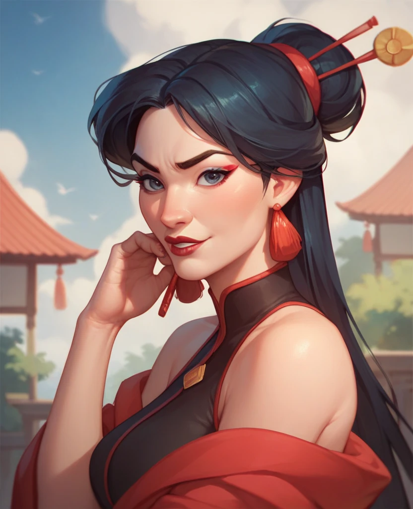 Turnaround leaf woman medieval Asian warrior style bust beautiful seductive smile and sexual appearance cartoon style illustration