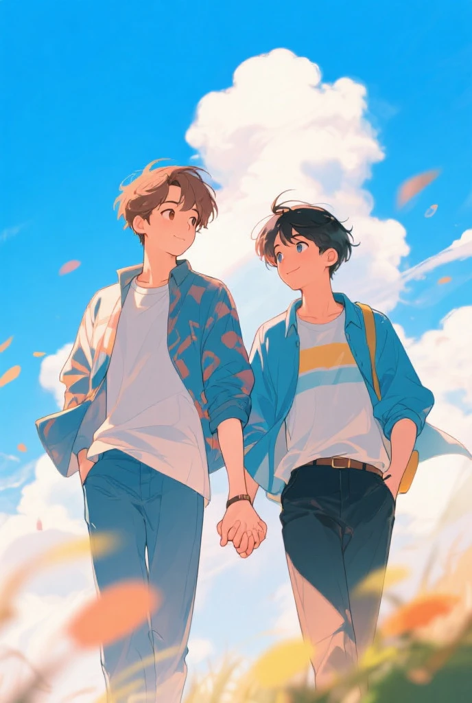 BL, from below, two male students, happy smiles, student heads, cheering, wearing tracksuits, clouds, hands in pockets, hands clutching the other person's hand, sky