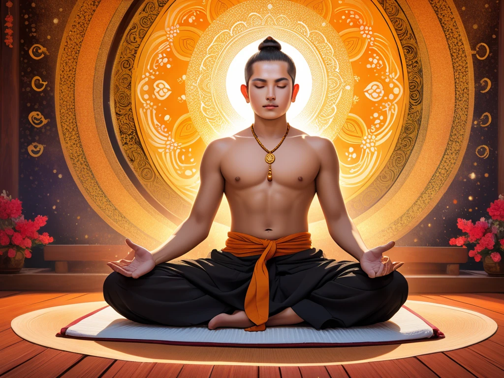 Monks in Thailand meditate, clothed but not wearing angsa. Has clear muscles, white skin, and a handsome face. Beaming Looks happy while meditating. Three people had their heads freshly shaved and their eyebrows shaved. All three of them sat and caressed a large yellow candle. The background is a Thai-style golden pagoda at night. There is a full moon floating in the middle of the sky with twinkling stars. Realistic picture.