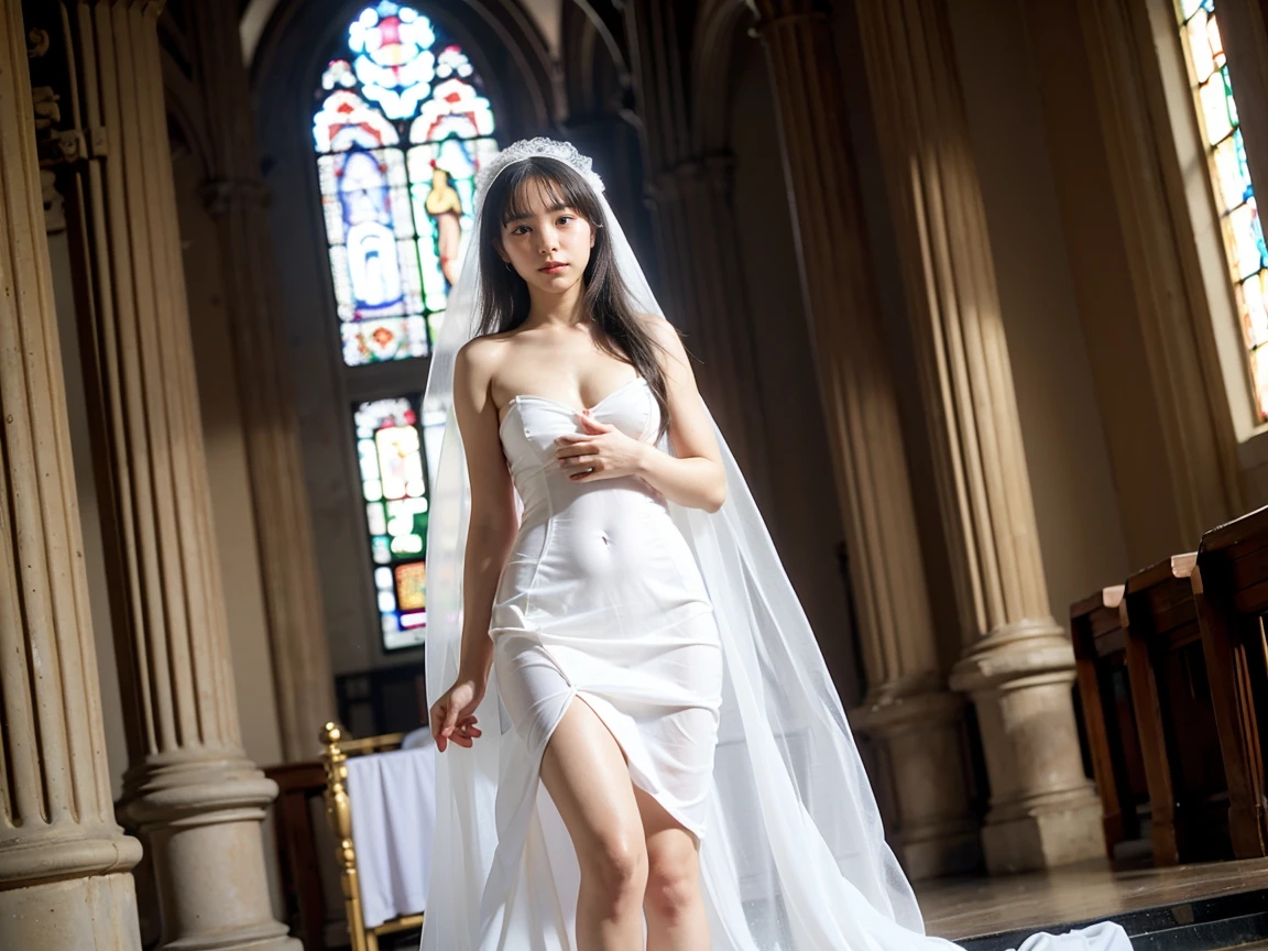 highest quality,master painting,ultra high resolution,(very realistic:1.4),blue eyes,fine eyes,sunbeam,big breasts,(((Walking down the runway in a topless wedding dress))),smile