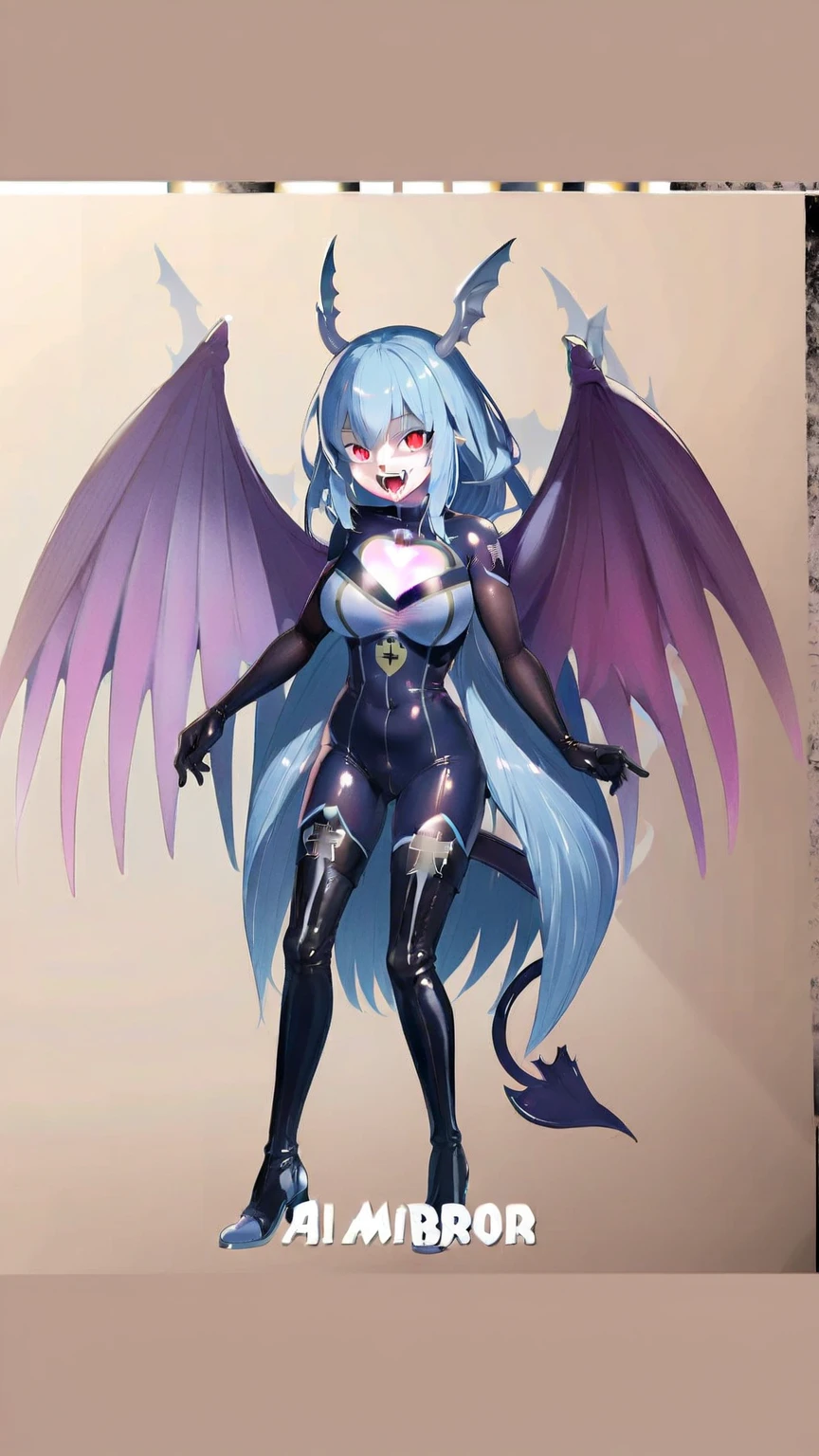1girl, wings, pointy ears, solo, horns, tail, blue hair, long hair, yellow eyes, bodysuit, demon girl, demon wings, black background, full body, high heels, large breasts, bangs, skin tight, boots, thighhighs, gloves, jewelry, demon tail, twintails, piercing, looking at viewer, earrings, hair between eyes, demon horns, black bodysuit, covered navel, spikes, black footwear, covered nipples, standing, shiny, zipper, sidelocks,huge breasts,(masterpiece),(best quality),mature female,shiny skin,regensburg \(azur lane\)
