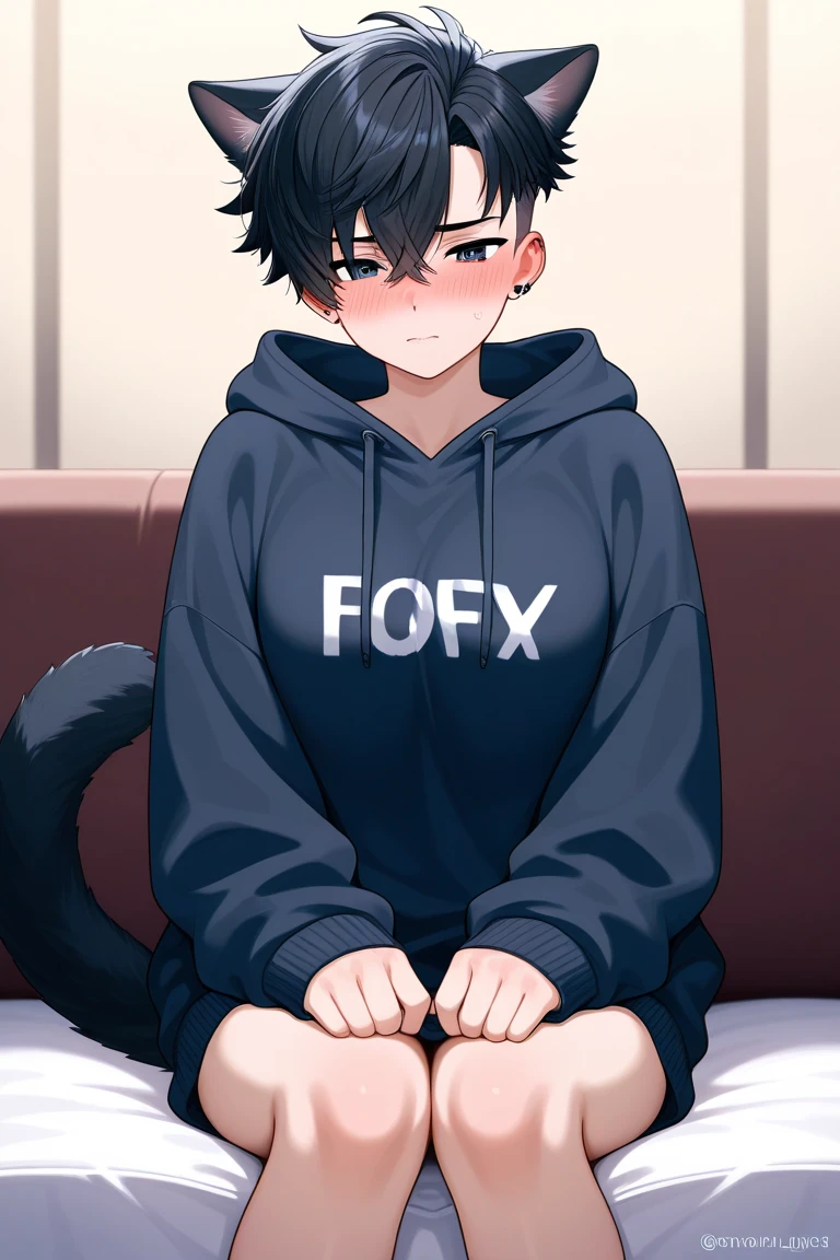 anime character with black hair and red shorts crouching down, anime moe artstyle, trending on artstation pixiv, anime style 4 k, cute anime catgirl, anime catgirl, at pixiv, 4k anime wallpaper, guweiz on artstation pixiv, cyberpunk anime girl in hoodie, anime art wallpaper 8 k one boy, toned, flexing, sharp big cat ears, cat tail, big black messy hair, extremely vibrant red eyes, masterpiece, vibrant, micro thong , slim dark black hoodie, full body view, cute face, black thigh socks, combat boots.