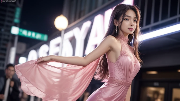 High quality, high resolution, masterpiece, highly finished, detailed photorealistic, real photo. She is a stunning beauty with curly brown hair and striking blue eyes, accentuated by her long eyelashes. She wears a bright pink outfit that features her ruffled skirt and flowing top adorned with intricate details. She is set against a futuristic cityscape with skyscrapers and neon lights creating a glowing backdrop. The overall vibe of the images is fashion-forward, dynamic, and has an anime-inspired appeal.