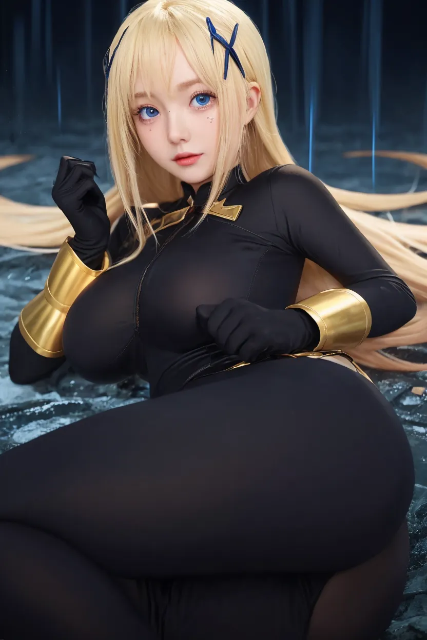 ((best quality)), ((highly detailed)), masterpiece, absurdres, extremely detailed face, beautiful face, (detailed eyes, deep eyes), <lora:more_details:.4>, (1girl), dynamic pose, full body, <lora:pokemon_cynthia_v4:1>, cynthia \(pokemon\), blonde hair, (very long hair), wavy hair, hair over one eye hair ornament, grey eyes, large breasts, curvy, smiling, fur-trimmed coat, black coat, long sleeves, fur collar, v-neck, cleavage, black shirt, black pants, high heels, poke ball, (on a wooden bridge, sunset)