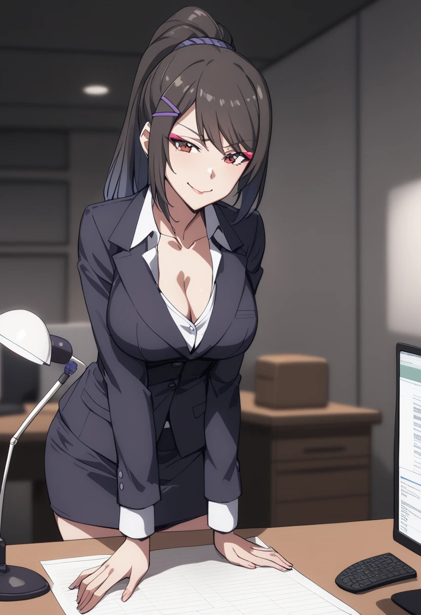 chabashira, 1girl, ponytail, black hair, hairclip, Hot girl, baddie, staring, glaring, bad attitude, mean girl, dare, angry, hate, crazy, smoking, sensual, attractive, masterpiece, best quality, highly detailed,breasts,skirt,cleavage,long hair,skirt
suit,suit,formal,jewelry,necklace,micro pencil skirt,jacket,smile,makeup,looking at viewer,business suit,
lipstick,office lady,mature female,micro miniskirt,indoor,office,office lady ,smile, open mouth, (nsfw) not
safe for work, holding a gun, evil expression, exposed belly, exposed navel, exposed midriff, exposed
lower belly , holding pistol,
