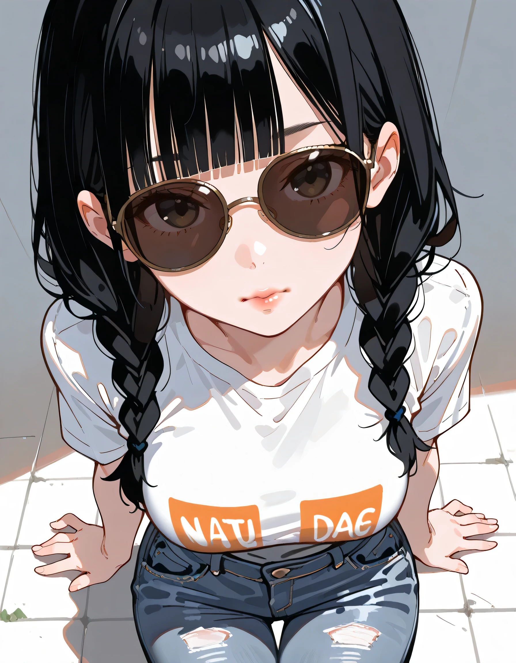 Chica linda, con lentes negros, Brown eyes, Long brown hair, orejas de oso en la cabeza, vestida con una falda negra y un crop top negro, sonriendo levemente 