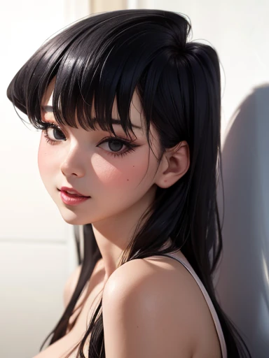 (45year old,Red lips、ponytail:1.3、full body、1woman)、 absurderes、Flat Lighting、realisticlying、ultra-detailliert、bright colour、beautiful detailed eyes、perfect eyes、detailed hair、(black hair、jet black eyes)、Delicate beautiful face,A sexy,Bed,Camisole Set、smile、 dramatic angle、forehead、blunt bangs