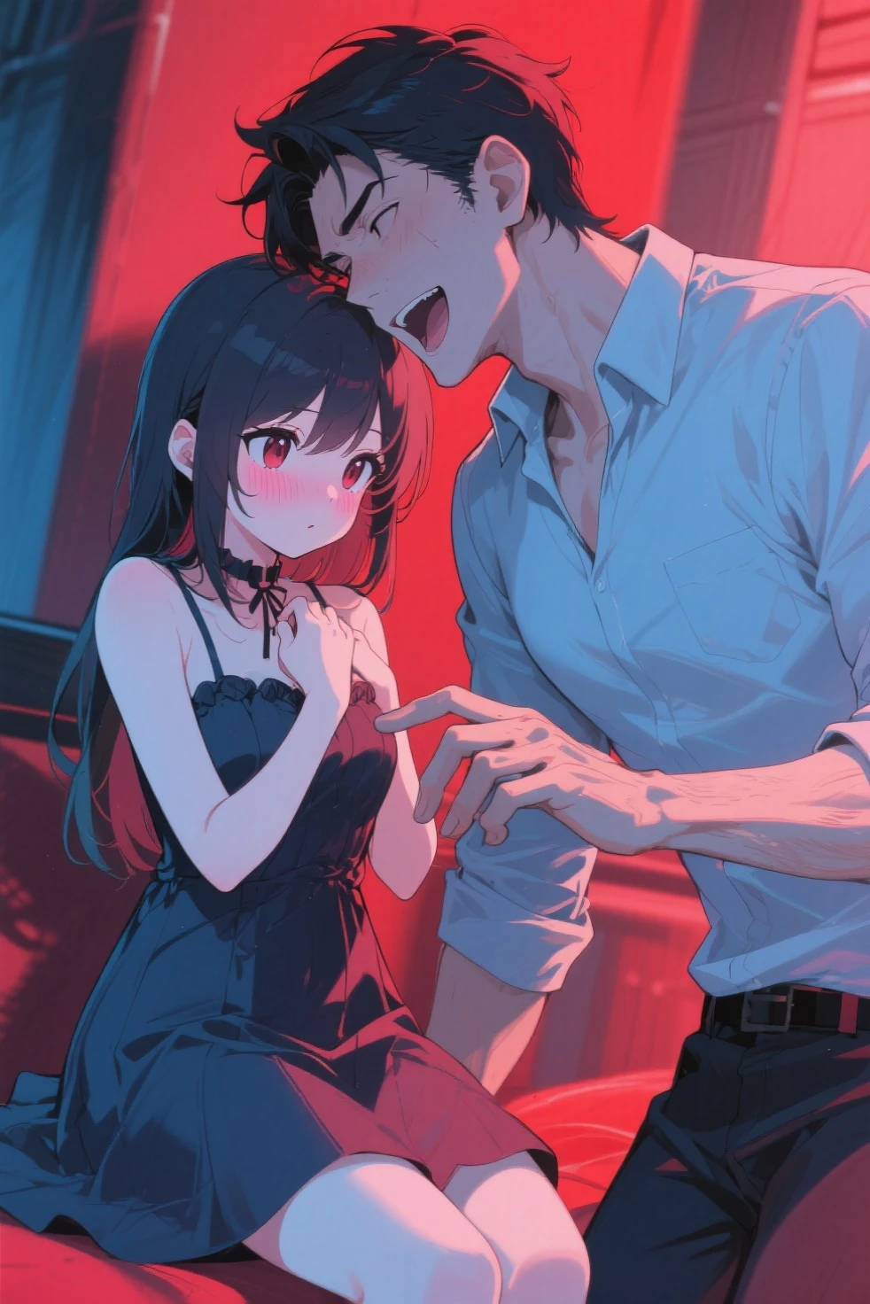 One person girl,Wear a comfortable wedding dress,Full Body Lesbian,(LOL:1.1),(Open your mouth:1.1),(Eyes Wide Open:1.2),Strong light,Background blur,Depth of written boundary,Blur the background,Particles of light,Strong winds,(Heart Particles:1.1)Sweat and get wet,Exaggerated performance,Red collar,Big Chest,Wanting a larger chest ,Queen様,Sexual desire,Sexual desire,Desire for dissatisfaction,coquetry,high quality,squat,Sticking out one's tongue,Sticking out one's tongue,Chest compressions,Perverse laughter,Obscene,Queen