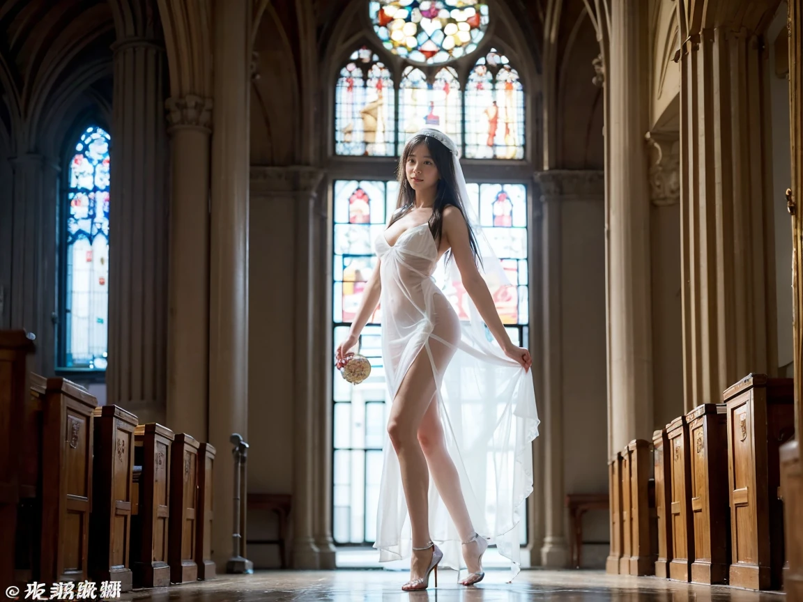 (((masterpiece:1.4, Best Quality:1.4, 8K, ultra high res, Physically Based Rendering))), full body Portrait, ultra Beautiful Sexy Woman, very pretty Japanese women, perfect body:1.1, 24yo, solo, Detailed large eyes, detailed thin eyebrows, Highlights in the eyes, ((hair tied back:1.2,  light brown long hair:1.1, hair behind ears)), bangs, strong wind blows her hair, Highly detailed facial and skin texture, Crisp focus, Clear focus:1.2, Slender beauty:1.4, ((gigantic breasts:1.5))), Slim abs, oval-face, light makeup, Clear facial features, ((smile, close eyes, open mouth)), (((topless:1.3, nipples exposed))), ((detailed beautiful black negligee:1.3)), (the negligee is pulled down to the waist:1.4) ,lift up hem of negligee:1.5, (not wearing panties:1.4), pussy exposed, (((detailed beautiful pussy exposed:1.4, open pussy:1.2, pubic hair:1.3))), long beauty legs, (transparent knee high black stockings:1.4), full body shot, squatting with spreading legs wide:1.4, sperm dropping from pussy:1. 1, stick out one's buttocks:1.4, looking at viewer, (from behind:1.2), (from below:1.3), ((sex on the altar of a beautiful chapel:1.4)), candle light,