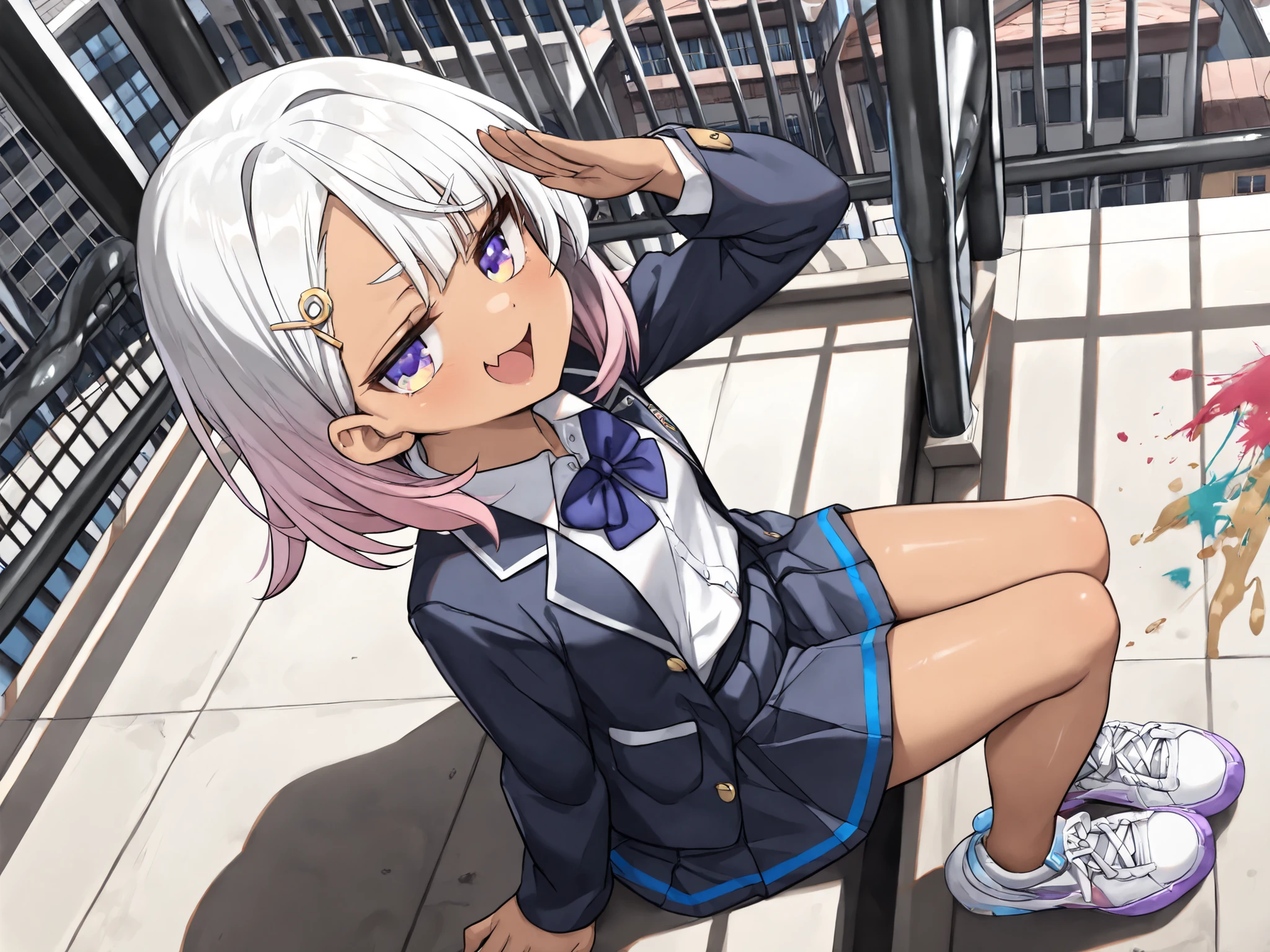 ((Masterpiece)), ((best quality)), (8K), (from above), (detailed background:1.3), (super detail:1.2), (High Definition:1.2), (Professional Photography:1.2), (very aesthetic:1.2), (absurdres:1.2), (cinematic lighting), ((1girl)), (cute young girl), ((brown-skinned)), (Healthy Gaunt body, Textured skin, small breast, tilt head), Glossy hair, (Asymmetrical bangs, long side bangs), (medium hair, platinum-gold hair, unruly hair, gradient hair), ((smug, open mouth)), skin fang, (pale purple eyes, glitter eyes, gradient eyes, looking at side), big eyes, (short eyebrows), glossy lips, pouty lips, (lower eyelashes), BREAK, ((open Cute blazer school uniform, buttoned shirt, school uniform skirt), Safety pin decoration, (Thick-soled Sneakers, Sneakers shining in pastel colors)), Beautiful neckline, salute with right hand only, ((loose sitting on the Rooftop of condominium, legs straight, legs together)), outdoor, sultry, Beautiful landscape, Colorful ink splattered ground, dirty Asphalt,