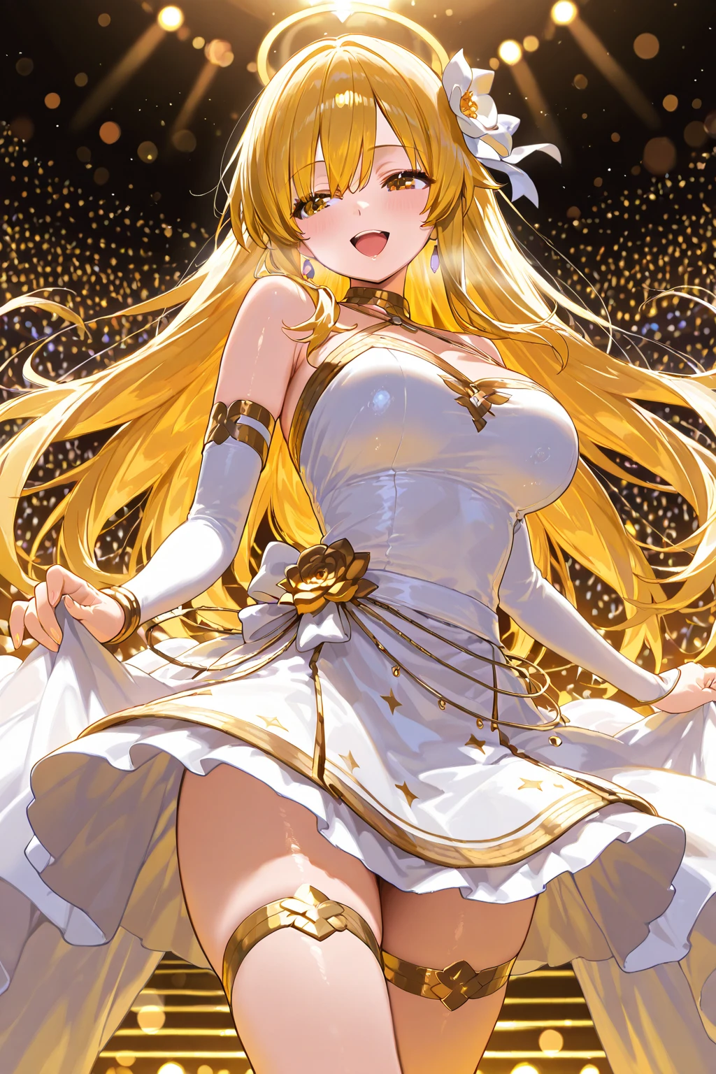 a beautiful blonde girl with flowing golden hair, yellow eyes, wearing a golden imperial dress with a deep neckline, anime style, against a bright sky background with twinkling lights, dynamic angle, arrogant laughter