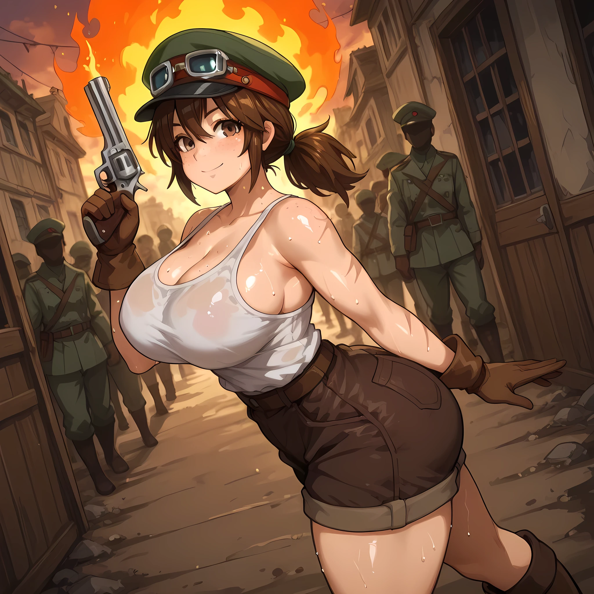 ((woman holding a bloodstained revolver, fire energies emanating from the body, fire spheres coming out of the hands, fire circling the ground, high side angle, perfectly detailed eyes, better sharpness, better contrast, better shading, better image quality, scene rich in detail, anime-style abandoned battlefield, near trenches, people of different ethnicities fallen on the battlefield, women walking, scenery bathed in twilight):1.0), ((Yareruko! Densha hentai style, Katainaka by Totsui from Kita Russia Musume to H Shimakuru Ohanashi body style, Rune Adventure ass style):1.2), {Fio Germini}:(1women, dark brown shorts hugging her thighs, white tank top hugging her medium-sized breasts, army cap tilted forward on her head, bangs, brown hair tied in a ponytail, brown eyes, freckles, army boots, scars on her arms, obvious bruises, smooth skin, determined look, confident smile, dirt-stained clothes, brown gloves accentuating her fingers, slim waist, toned body), ((1women, sweaty body, sweaty clothes, sweat mist, shiny skin, skirt fabric very tight on the butt):1.0)