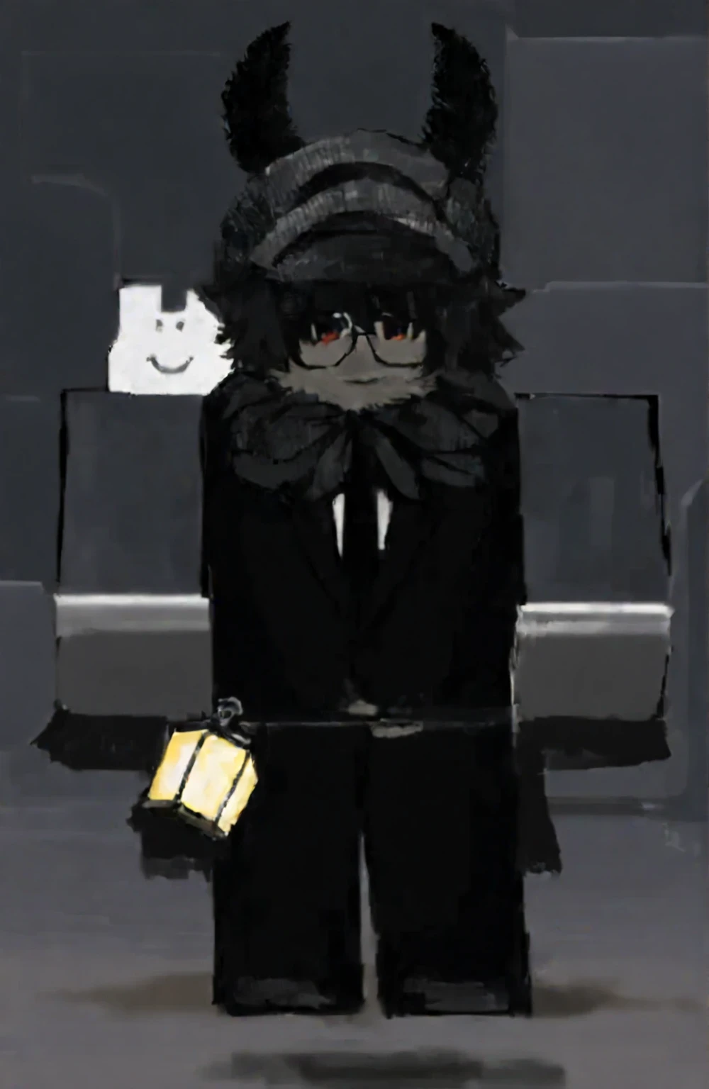 A dark-themed Roblox avatar with messy black hair, small glasses ...