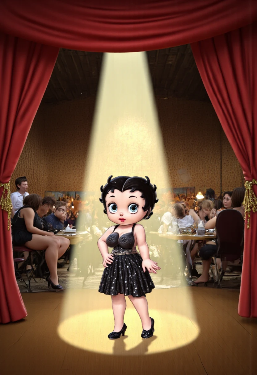Giant beauty Queen stomping through a small audience at a beauty pageant. She holds a tiny person in her hand above her head. Ripped dress. Scared people.
