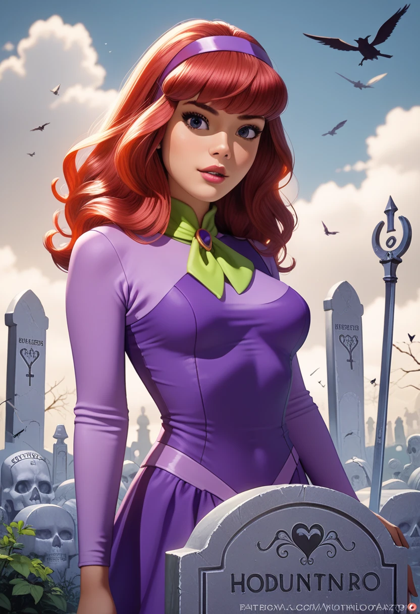 A young woman, patrician, Daphne Blake from the Scooby Doo anime, western facial features, blue eyes, pink lipstick, natural red hair at shoulder height, a green scarf, short dress and glued purple color, purple shoes, slender and elegant, very sensual, posing for photo, large breasts, innocent look, cute, eye makeup only with black pencil, short purple glove, fog, dark, 3 a.m., cloudy night, horror weather, dawn, village at night, suspense, (masterpiece, blurred background, natural lighting, depth of field, ultra detailed and realistic photography, 100mm lens), portrait style