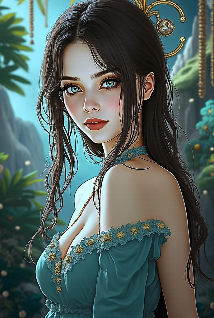 (raw photo, Best Quality), (realist, Photo realist: 1:3, Best Quality, Very detailed, masterpiece, Hyperdetail, illustration, 1 girl, caucasian, dynamic angle, World masterpiece, disordered_hair, Best Quality, CG Unity 8k wallpaper, caucasian perfect body, full shot photography, Woman 25 years old, amazon, , White skin, pink skin, WITHOUT IMPERFECTIONS, smooth skin, (perfect), ojos Very detaileds, (Intricate), big and bright eyes, (ice blue eyes), perfect eyes eyes, (build ), Carry (pure gold lingerie), as part of herself, Her body is adorned with jewels that make her look like a goddess.,(build), In the background you can see the jungle and a semi-futuristic lost city, (build), cara perfect, innocent face, beautiful, perfect body, hourglass body, sensual body, medium tits, natural, perfects, big and shapely hips, thick and firm thighs, mesomorphic body, some tattoos, short and brown hair, crespo, It is a full shot capture, ((full shot photo))