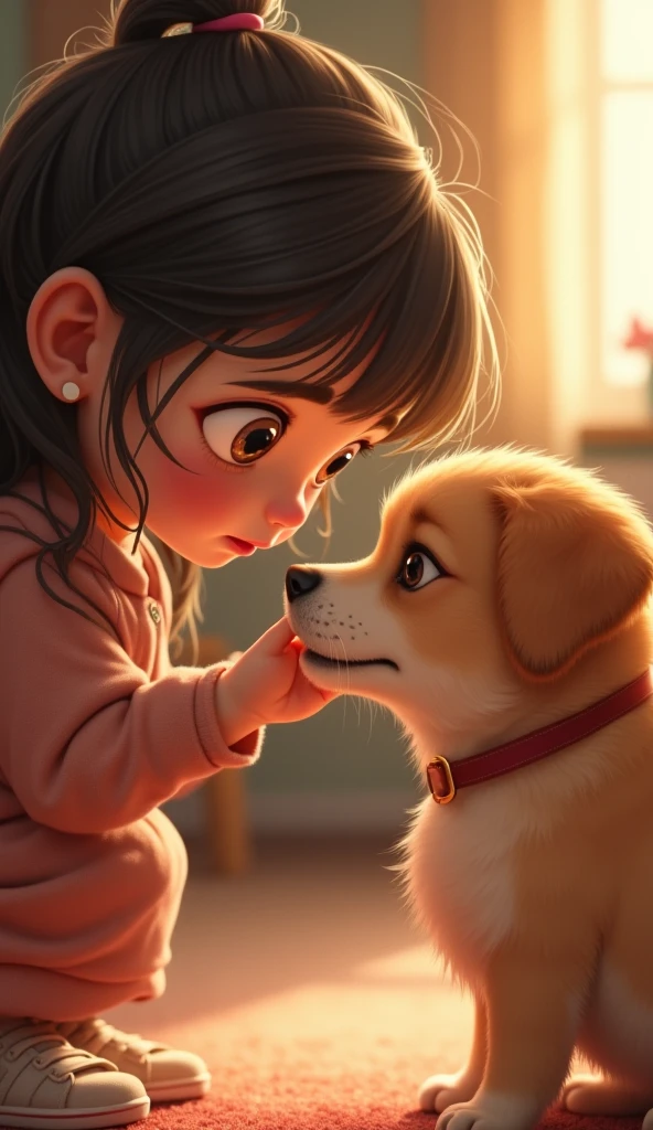 from this platform: "There is a small dachshund that has many white freckles on its nose., mouth and face, She has a light brown body and a teenager who is hugging her, straight black hair and brunette in Guaranda Ecuador. 