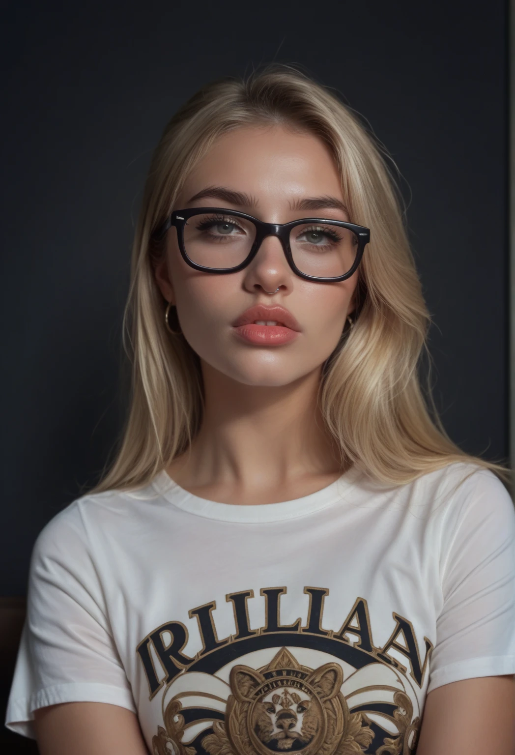 woman; blonde hair; hot; glasses; blue eyes; realistic; french; small tatoos of cross; nationalist
