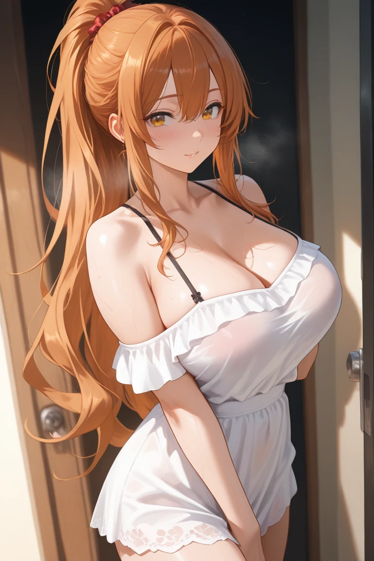 Official Art、(Highly detailed CG Unity 8k:1.5),Perfect lighting,colorful,Bright front face lighting,(24-years-old:1.3),
(masterpiece:1.5), (Highest quality:1.3), Super Hi-Vision, Super Detail,(smile:1.4),(arm behind head:1.3),
photo shoot,High resolution,(Bright colors:1.2),standing,Gravure pose,Aesthetic Anime Eye,
(cowboy_shot:1.4),(Orange Hair:1.5),Daytime,Sunsite,
(Orange eyes:1.5),Parted bangs,Beautiful breasts,Hair length,Big Breasts,(alone:1.5),(A neat figure:1.3),
(One girl:1.5),18-year-old,high school student,Beautiful fingers、Beautiful long legs、Beautiful body,Beautiful Nose,Beautiful character design,Perfect Eyes,Perfect Face,,Beautiful Hair,Sweat,anime, (Wet clothes,barefoot,High-quality fabric,Beautiful and detailed eyes), (Portraiture),(裸apron:1.5),(Modern beautiful kitchen:1.3),apron,
(Beautiful Face:1.5),(Tight waist:1.3),