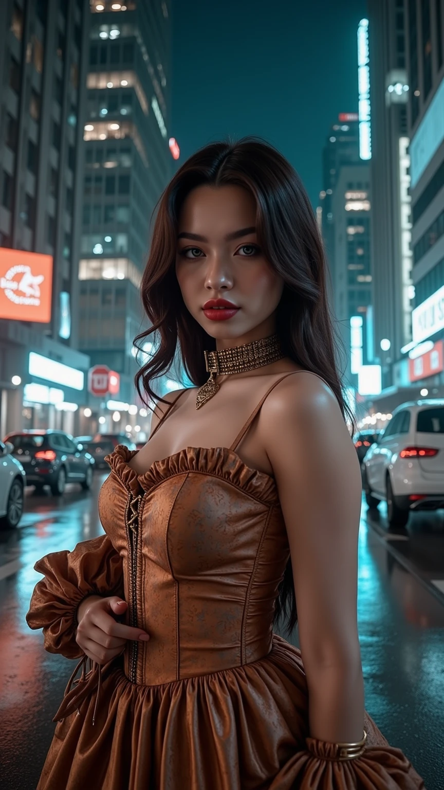 photorealistic Realism 8K, 16K Quality, ((ultra absurd quality, extremely detailed detail, hyper resolution, clear sharp focus, not blurry, Realistic brown_eyes:1.35)), (perfect dark_eyeshadows), (super Detailed, beautiful little nose), (perfect composition), Depth of field, cinematic light, Lens flare, (extremely beautiful face, beautiful lips , Beautiful eyes), Intricate detail face, best high quality real texture skin:1.3, A woman with velvety skin:1.33),perfect dynamic composition,beauty in a (1girl:1.3 16-year-old), (Fujicolor, daytime soft lighting)fashion supermodel, (best high quality real texture skin), (Highly quality texture hair)), ((curly hair)), (perfect proportions), (anatomically correct), (firm normal full breasts), (Super beautiful face), (Intricately detailed pleated modest leather BDSM costume:1.35), dynamic pose, look at the viewer, (city), (neon sign), walking, On the street