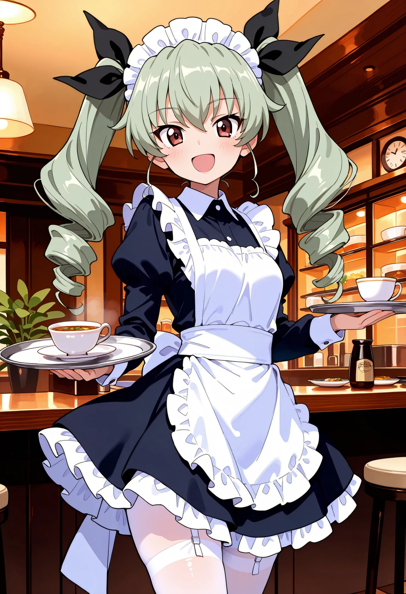 Highest Quality, details, high resolution, 8k, 超high resolution, Soft Saturation, 1 girl, solo, anchovy  \(girls&panzer)\, drill hair, green hair, twin drill, hair bow, long hair, maid clothes, 黒色ビクトリア朝maid clothes, garter belt, white pantyhose, open eyes wide, standing, Silver Tray, Carrying food,Tableware,  soup、coffee, and bend your lower back, restaurant, Orchid Plant, dynamic angle