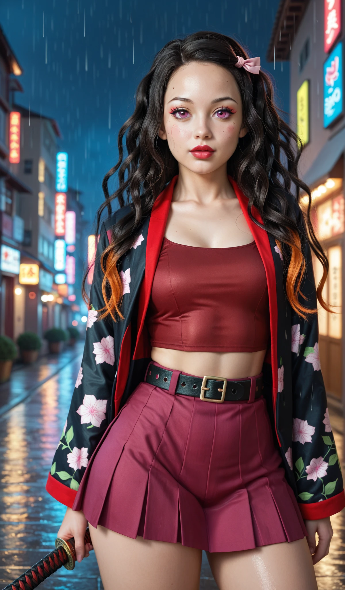 (best quality,4k,8k,highres,masterpiece:1.2),ultra-detailed,(realistic,photorealistic,photo-realistic:1.37), perfect body, cute printed bikini top, half jacket, miniskirt, stylish, brilliant colors, shopping mall, perfect illustration