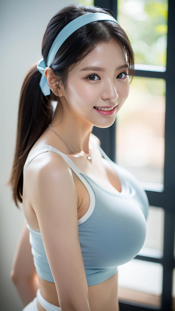 12 years old child, hair up, super big hair up, cheerleading uniforms, (smile:1.2), background sport center, (photorealistic:1.2), (ultra realistic:1.3), (very detailed:1.1), ((masterpiece)), big round breast, 