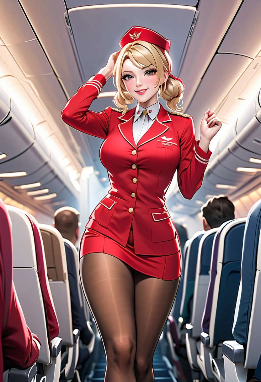 1 female、silk stockings,(Super beautiful)、(Pretty Face:1.5)、(A European stewardess1.5)、(Brown curly hair1.2)、(Bangs:1.1)、(Red leather skirt:1.1)、(Flight attendant uniform)、(Tailored Jackets)、(Solid Navy Mini Skirt)、(Brown wavy hair:1.2)、High heel、(Dark Makeup),Smooth and delicate skin,Sweat on the skin,(Masterpiece: 1.4), (8000, Realism, RAW photo, best quality: 1.4), Japanese, (1 girl), beautiful face, (lifelike face: 1.4), (brown wavy roll: 1.3), beautiful hair style, beautiful and meticulous eyes, (best proportion eyes: 1.5), attractive, ultra-high resolution, surRealism, very detailed, best aspect ratio, (meticulous face: 1.4), looking at the audience, red lipstick, (best finger proportion: 1.5), (a beautiful stewardess looking at the camera), [(18 years), whole body, (lifelike blue eyes: 1.2), (strength display In describing the behavior of female superman, (very good, very good: 1.4), lively nipples, (bare nipples, bare breasts, realistic high proportion breasts, realistic big breasts): 1.3), (shut up: 1.4), (camel then cat: 1.3), away from cat,