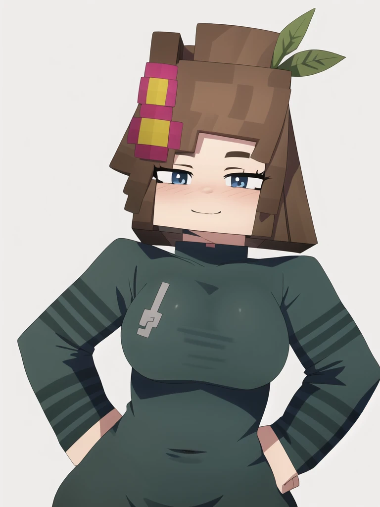 (8k, RAW photos, top quality, masterpiece: 1.2), (High Quality), ray tracing, HDR, (High Details), (Face detail), (Shadow Detail), 1girl, solo, Jenny belle, 3d, 3d render, minecraft woman, large breasts, virgin killer sweater, blue eyes,