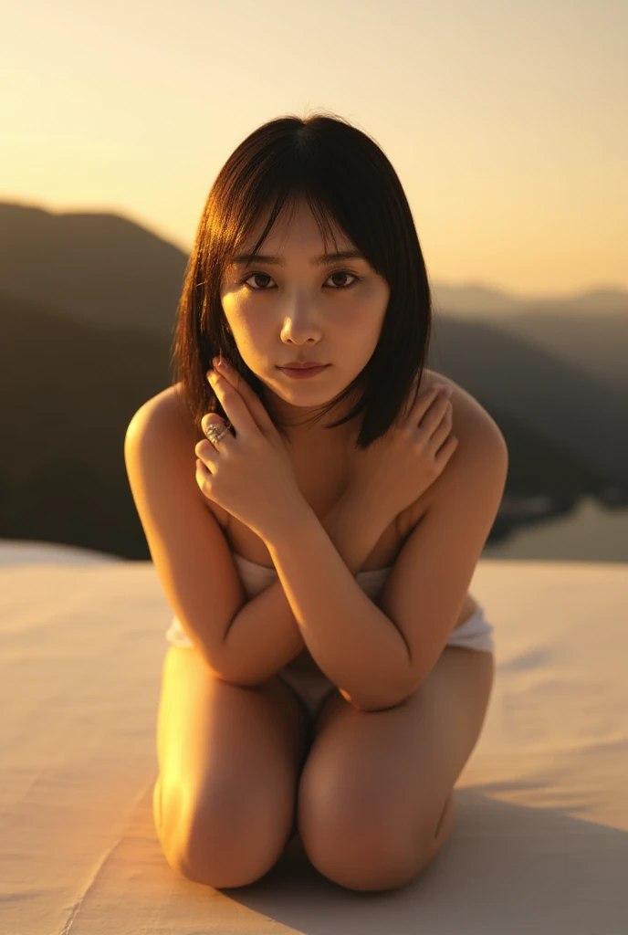 Kasumi Arimura in a sunset completely naked and smiling sexy