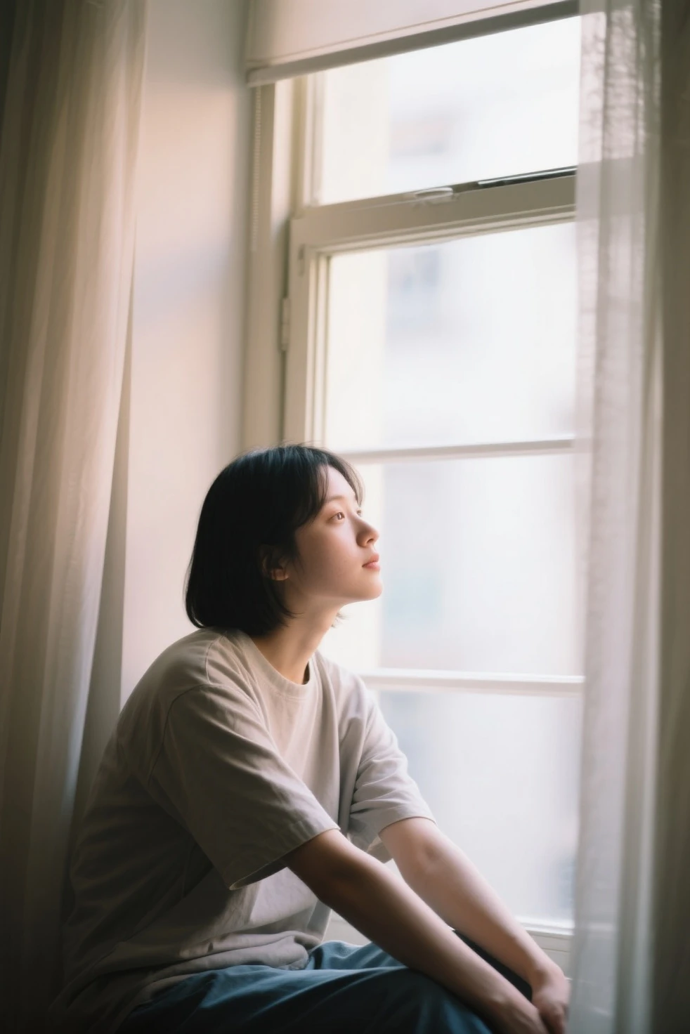 Cinematic photo nude woman sitting on window sill looking out window, grey sweater, Stock Photo by Ji Chen, Tumbler, aestheticism, Movie Still, Pretty, pixiv . 35 mm photo, movie, Bokeh, Professional, 4K, Highly detailed