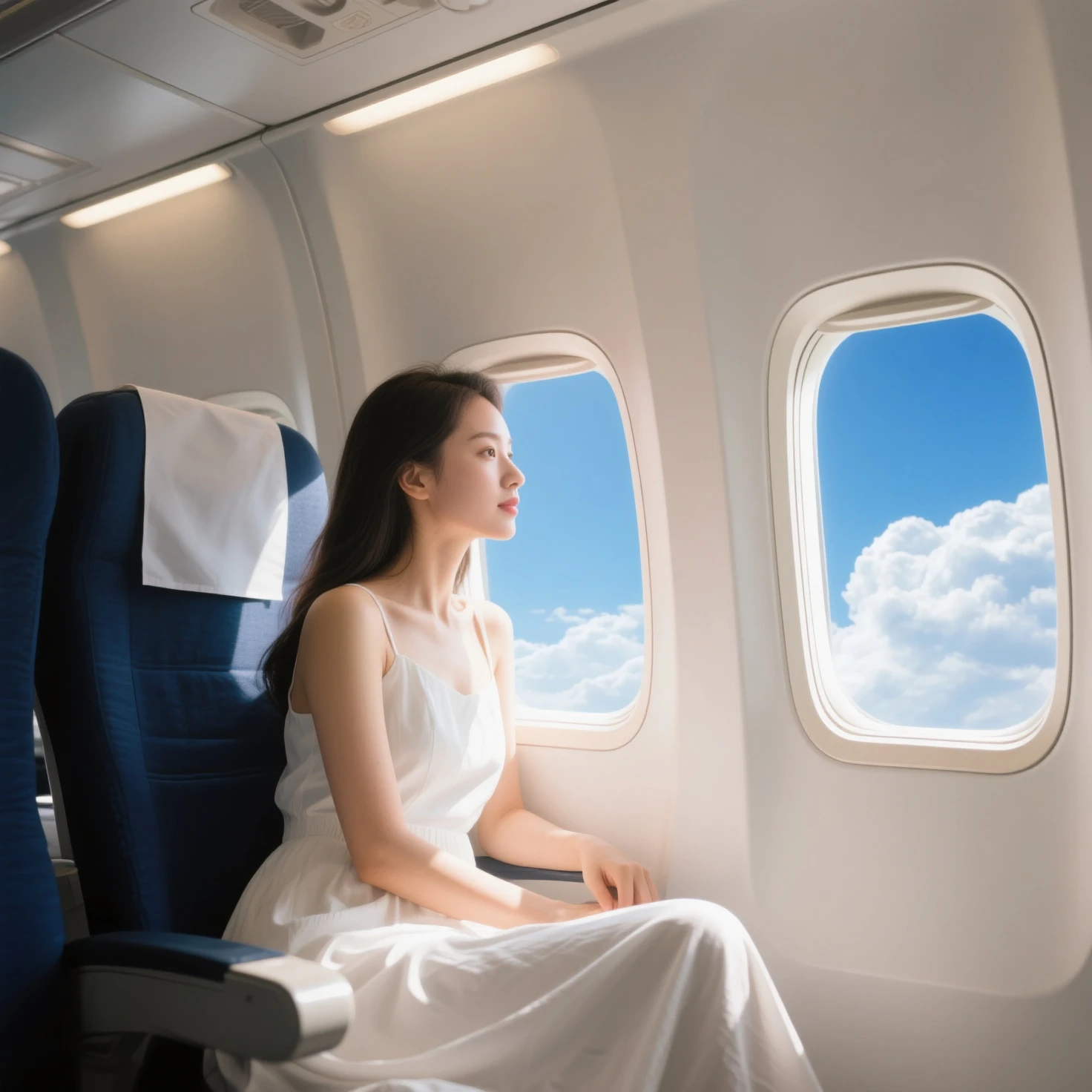 Emma Watson in airplane,illustration,blue sky,fluffy clouds,puffy white clouds,bright sunlight,window seat,sunlight streaming in,gentle breeze,open window,sitting comfortably,reading a book,enjoying the view,outfit: casual and comfortable,pale blue dress,loose wavy hair,fair complexion,calm expression,small notebook,pencil in hand,sketching the clouds,subtle shadows,soft colors,faint brushstrokes,realistic lighting,high attention to detail,graceful posture,peaceful atmosphere,vivid colors,breathing in fresh air,deep sense of relaxation,quiet ambiance,quietly humming a tune,lens flare effects,gleaming metallic exterior,airplane wing,overlooking the horizon,peaceful journey,perfect aerial view,serene surroundings