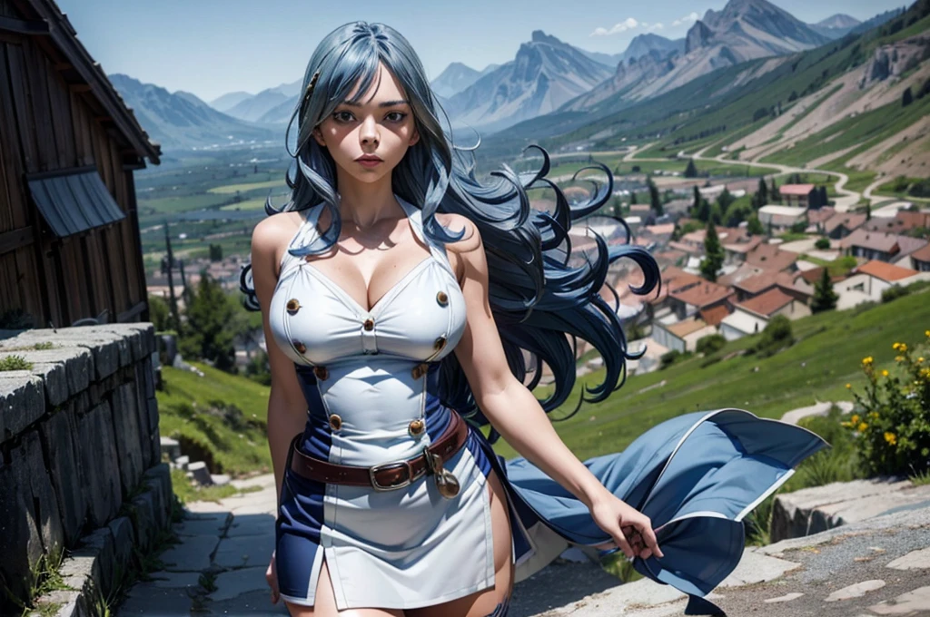 masterpiece, highest quality, super detailed, figure, sage_(DQ3), 1 girl, (holding staff, staff:1.3), alone, long hair, blue hair, circlet, red eyes, big breasts, yellow gloves, white dress, belt, cape, boots, cleavage, bare shoulders, underwear, Are standing, whole body, Grass, wind lift, simple background, white background