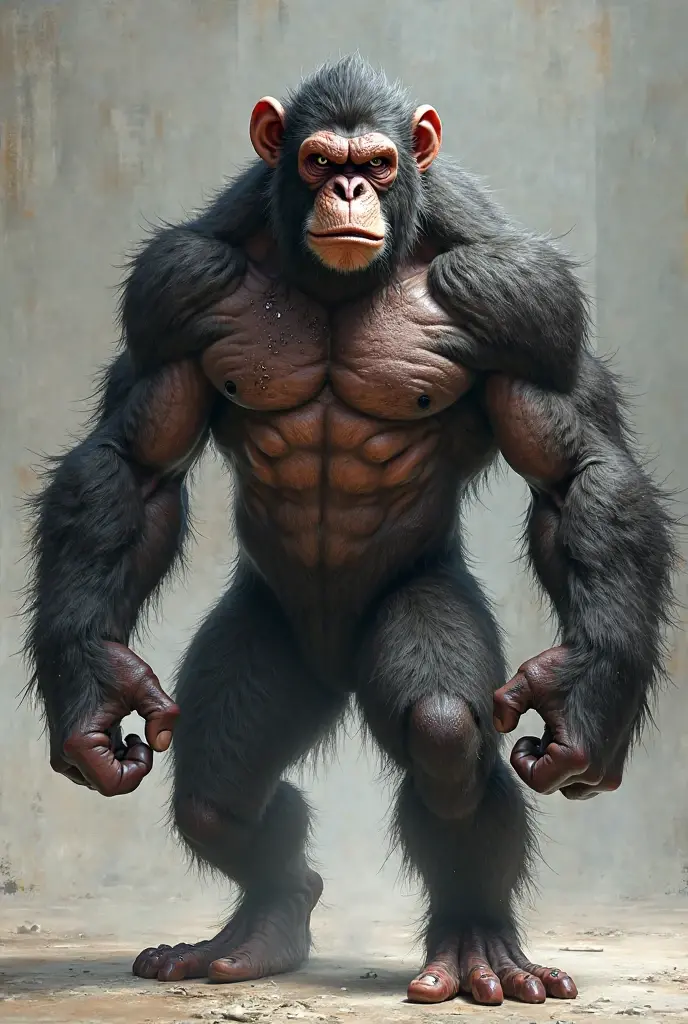 Strong chimpanzee in the gym showing his bicep and saying his name is Joshua
