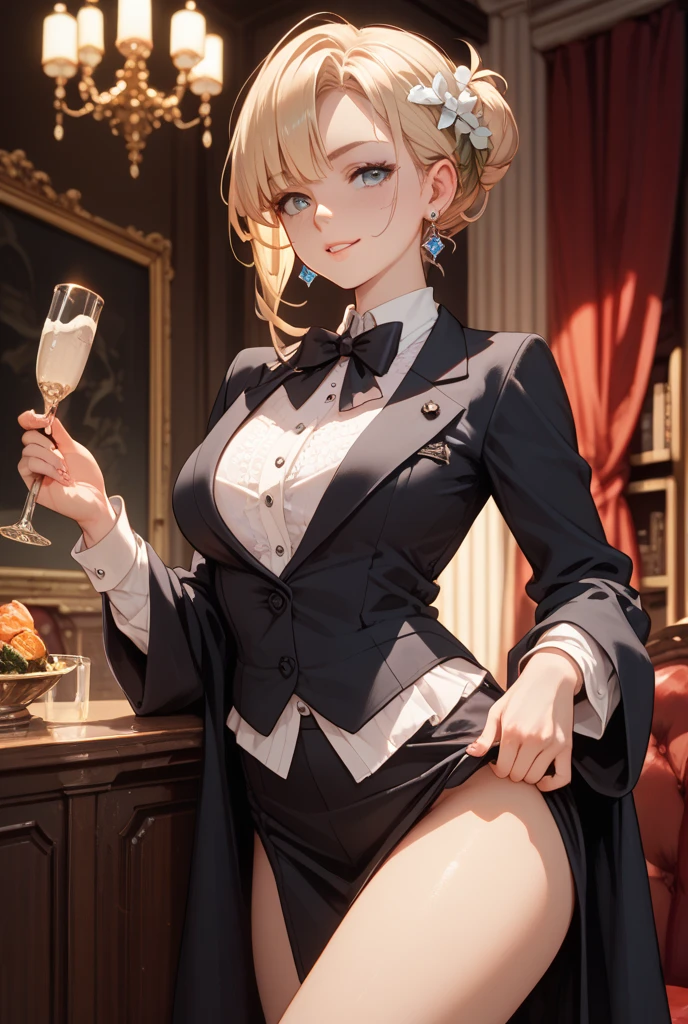 (UHigh resolution, retina, masterpiece, Accurate, Anatomically correct, Textured skin, Very detailed, Attention to detail, high quality, 最high quality, High resolution, 1080p, High resolution, 4K, 8k, 16k), (Beautiful details, Beautiful lip detail, Very detailedな目と顔),Bunny girl serving champagne、Perfect Anatomy、One Woman、Red costume、Red Stockings、Red bow tie、白い襟にRed bow tie、Attractive ass、String Bat、、Dim lighting、Natural look、magic room、eroticism、最high quality、最high quality、Masseter region:1.3、high qualityの詳細、8k、Luxurious room、A room decorated in gold、