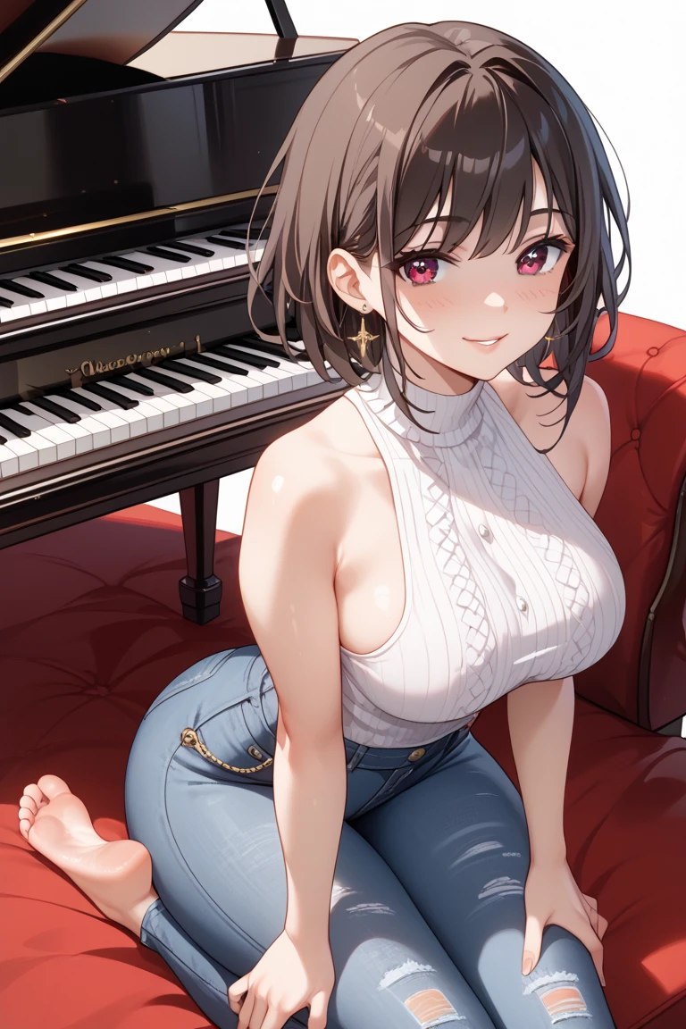 (((sitting in front of the piano)))、The whole body is shown、black leather collar around the neck、Black leather straps tied around the chest、High-definition images, atmospheric perspective, 8K, Super detailed, Accurate, highest quality, single shot, 1 Japanese girl、The whole body is shown、(((Completely naked))),(white skin),(highest quality), very delicate and beautiful, very detailed, 8k wallpaper, wonderful, finely, very detailed CG uniformity, High resolution, soft light, beautiful detailed 19 year old, very detailed目と顔, beautifully detailed nose, finely beautiful eyes,short hair,cinematic lighting,perfect anatomy,very big breasts、heavy chest,(J cup),slender body、piano、street piano、smile、Completely naked、(hair is dirty, asymmetrical bangs, light brown hair),(((My whole body is wet with sweat)))、(((expose both nipples)))、(((expose big breasts)))、(((Completely naked)))、(((sitting in front of the piano)))、(((sitting in front of the piano)))、(((sitting in front of the piano)))、