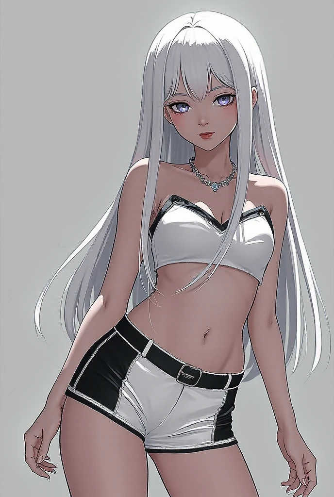 A picture of a woman with white hair and black shirt, Cartoon rendering art style, Tifa Lockhart white hair, Danganronpa digital art, Vector shadow anime, Danganronpa Enoshima Junko, Anime woman full body art, anime monster girl, bad posture, whole body silver eyes, cartoon animation