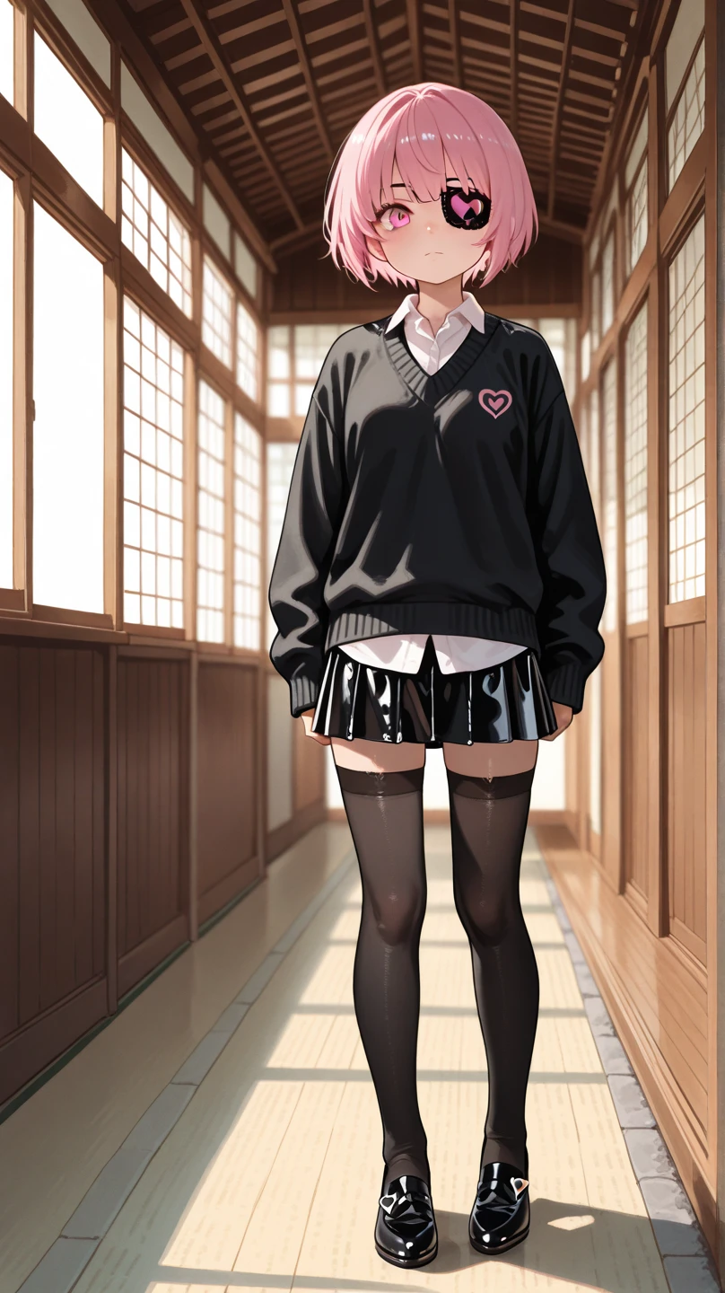 a girl with mid straight blak hair , side bangs ,short, fluster suprised face , school uniform black, in the hallway