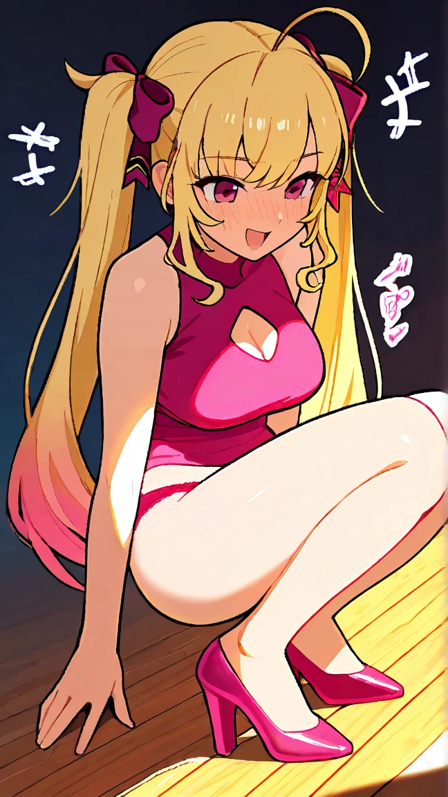 1girl, ppgzmmk, long hair, blonde hair, hair bow, blunt bangs, ponytail, red eyes, bright pupils,masterpiece, expensive quality, very_expensive_solve, big_file size, full color,(completely nude:1.2),pussy,niplles,