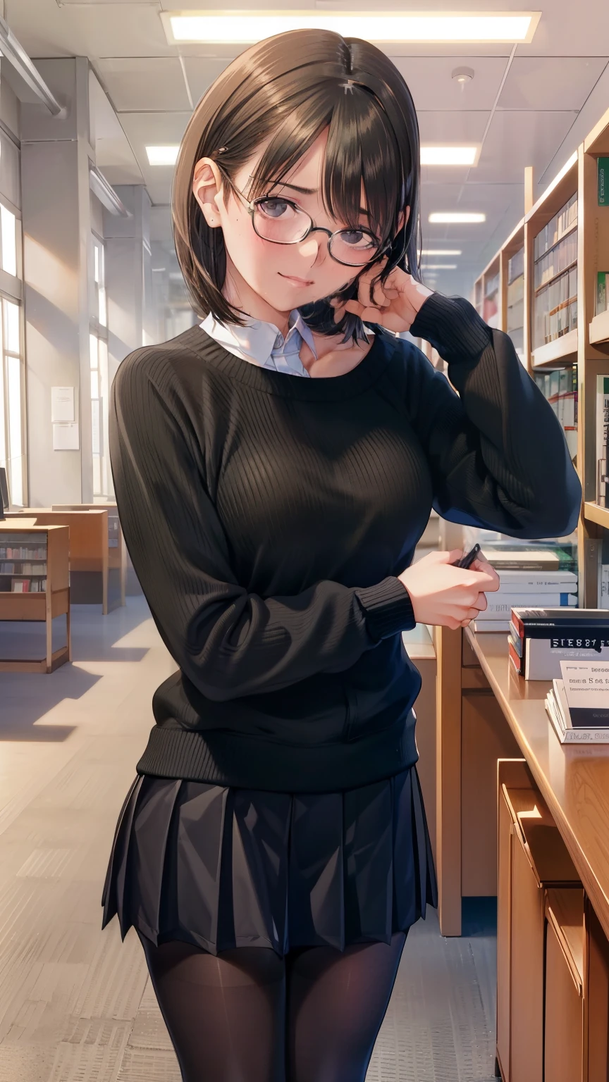 (nsfw, standing doggy style sex:1.4), arms down, ((Shoulder-length straight bob hair:1.3)), (Black Hair:1.2),(Face in tears:1.2), (adult woman:1.4), 8K, masutepiece, Raw photo, Best Quality, Photorealistic, Highly detailed, ((Ultra detailed skin)), (leg focus SHOT:1.5), 20 years old, (Medium breasts:1.2),(black mini skirt, Black realistic pantyhose,White knit sweater:1.4), (standing at a desk in library:1.2), Rimless glasses