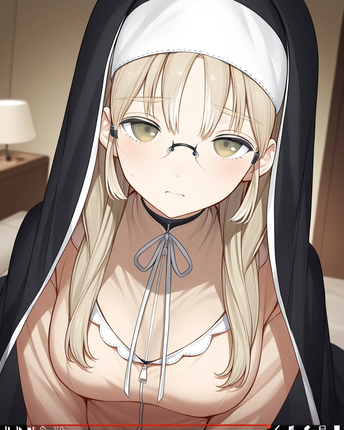 aasister, long hair, nun, habit, white capelet, neck ribbon, (black dress:1.2), long sleeves, white gloves, full-length zipper,huge breasts,expressionless,(fellatio:1.5),(((pov,trembling,sweating))),,(from above)