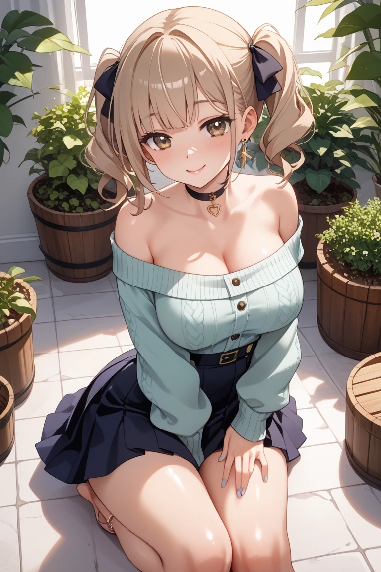 Adult Woman, masterpiece, 1girl, Amazing Cleavage:1.3, thin waist, big ass, Raised sexy, small breast:1.0,posed cleavage:1.2,solo, open mouth, have a cup of coffee,black hair, red eyes, dress, bare shoulders, jewelry, collarbone, sidelocks, hairband, earrings, indoors, off shoulder, arms behind back, plant, short hair with long locks, black hairband, sweater dress, off-shoulder sweater, red sweater, big side hair, very long side hair,is rendered in (masterpiece: 1.2, best quality), with (ultra high resolution) and an exquisite (depth of field). This masterpiece is not only visually stunning but also tells, make of cooking some cakes ,in the kitchen,Long dark blonde wavy hair、her thin pubic hair, Puffy nipple、(short flared skirt)、garter stocking、Earring、Medium milk, cute smile face、(Pose to lean forward and emphasize the chest)、sexy hips、high-heels、atlibrary、((Close your arms to your chest and look up)),(with sparkling eyes and a contagious smile), looking at viewer,