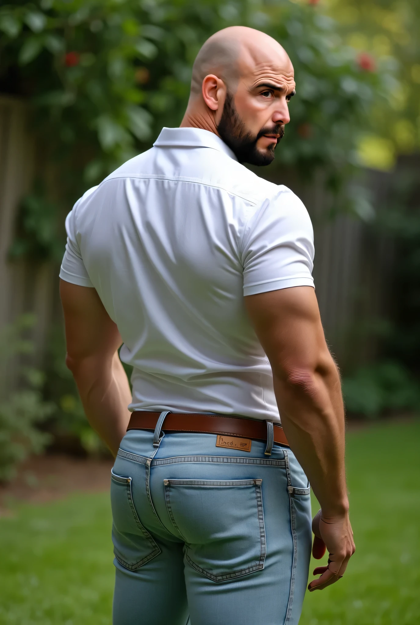 Award-winning original photoen, 30 years old man and wild muscular man, 40 years old, short beards, burly, hunk, wearing shirts, smilling happil, detailed, lovely, full body,  (((White jeans))) (((backside))) 