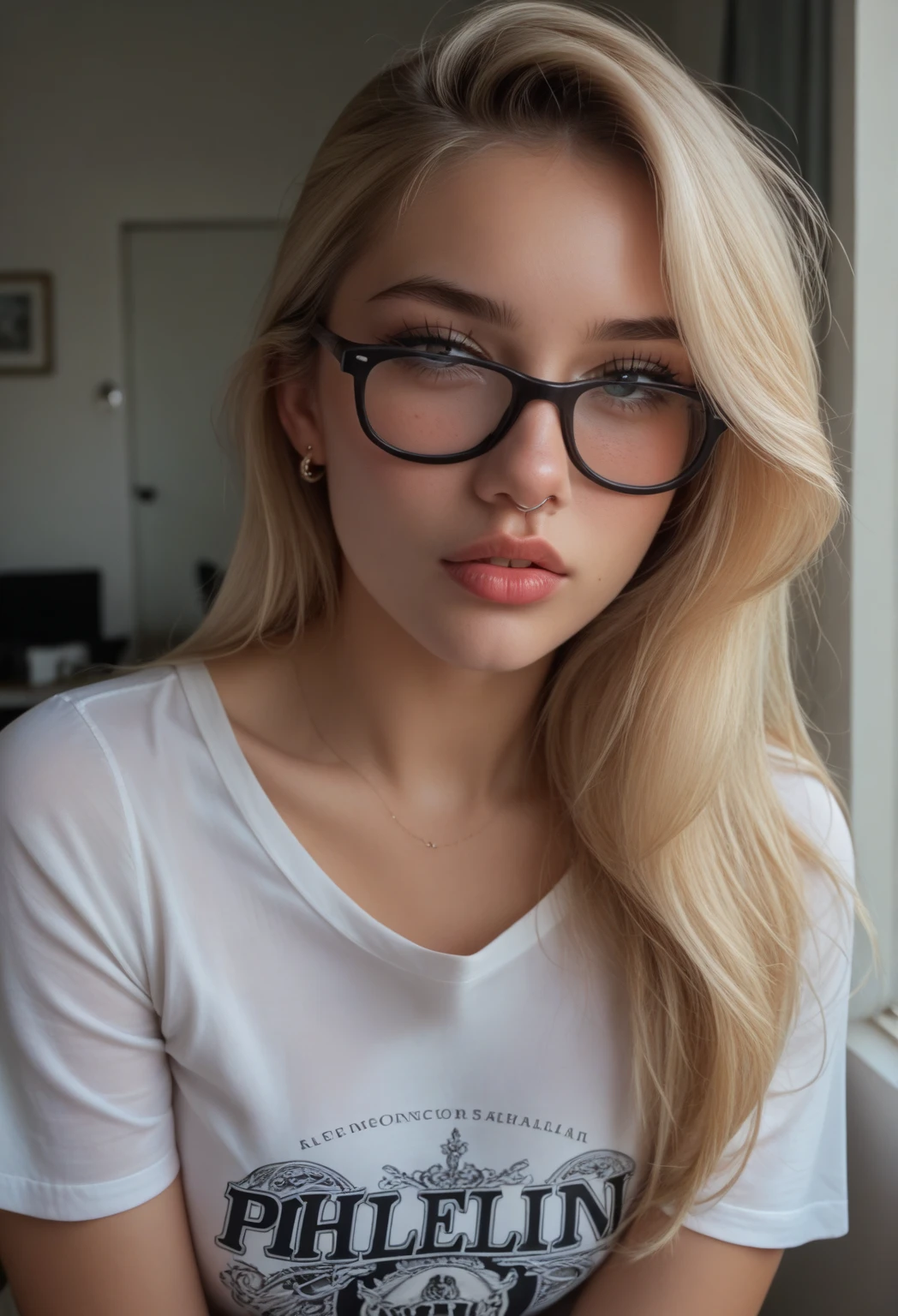 beautiful young woman,Golden blonde,grey eyes,freckles on the face,round face,Nose Piercing,plump little lips,stylish glasses with thin frames,microbikini denude,naturism topl.ss,photorealistic,with white cream вокруг рта,nervously smokes a cigarette,light smoke,realistically,professional photo 📷,Mega Detail