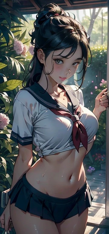 1female,,Small loli,smalluboob ,Pornographic exposure, 独奏,(Background with:bamboo forrest,lotuses,lotus flower,exteriors,) She has short black hair,bobo head,Sweat profusely,drenched all over the body,seen from the front, hair straight, mostly cloudy sky,(((tmasterpiece),(Very detailed CG unity 8K wallpaper),best qualtiy,cinmatic lighting,detailed back ground,beatiful detailed eyes,Bright pupils,Black eyes,(Very fine and beautiful),(Beautiful and detailed eye description),ultra - detailed,tmasterpiece,)),facing at camera,A high resolution,ultra - detailed),,revealing breasts,Bare genitalia, Bulge,legs are open,Raised sexy,Camel toes,Flushed complexion,Open-mouthed,frontage,White floral headband,Gold Saint Seiya,elementary student(Wearing:Sailor uniform,Gold wire embroidery,fullnude,with no underpants,)