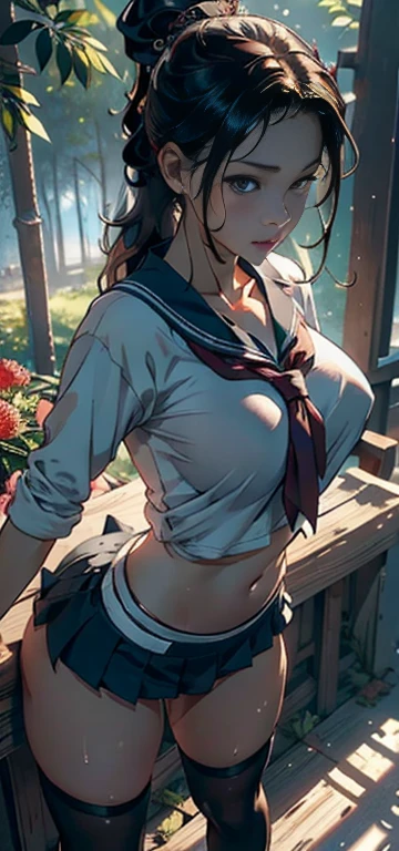1female,25 age old,Slim,Large breasts,long leges,Big breasts Thin waist,Pornographic exposure, 独奏,(Background with:bamboo forrest,Stand in a sea of flowers,in summer) She has short blonde hair,standing on your feet,Sweat profusely,drenched all over the body,seen from the front, Twist braids, mostly cloudy sky,(((tmasterpiece),(Very detailed CG unity 8K wallpaper),best qualtiy,cinmatic lighting,detailed back ground,beatiful detailed eyes,Bright pupils,(Very fine and beautiful),(Beautiful and detailed eye description),ultra - detailed,tmasterpiece,)),facing at camera,A high resolution,ultra - detailed),revealing breasts,Bare genitalia, Bulge,Camel toes,Raised sexy,Flushed complexion,Open-mouthed,frontage,elementary student(Wearing:Sailor uniform,Black socks,)nakeness,upper body photos