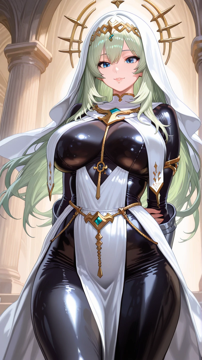 An anime-style artwork depicting rhea from the game Fire Emblem: Three Houses.

Tags: rhea, anime, detailed eyes, detailed lips, green hair, white dress, smiling expression, intense gaze, glowing emblem on hand, dynamic pose, mystical background, vibrant colors, digital art, high-resolution, professional quality, massive breasts, cleavage, fur coat, gloves